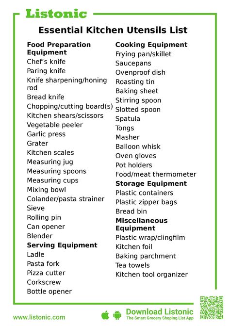 If you're moving house or buying a new home, make sure your kitchen is kitted out with all the most crucial equipment with this essential kitchen utensils list. All Kitchen Utensils, List Of Kitchen Items, Essential House Items, Restaurant Kitchen Inventory List, Essential Kitchen Items List, Essential Kitchen Utensils List, List Of Kitchen Utensils, Essential Household Items List, List Of Household Items For New House