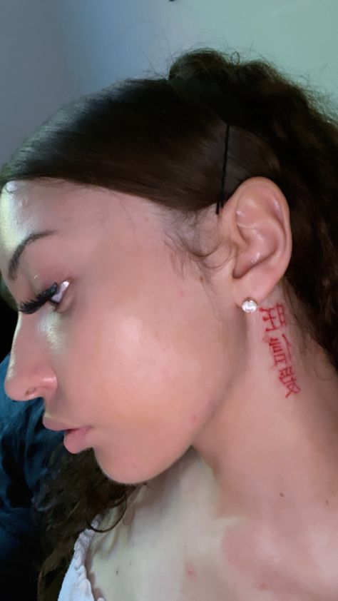 Chinese Tattoo in Red ink colour on neck Chinese Red Ink Tattoo, Neck Red Tattoo, Behind The Ear Tattoo Ideas Red Ink, Neck Chinese Tattoo, Chinese Tattoo On Neck, Red Tattoo Neck, Red Ink Neck Tattoo, Red Chinese Tattoo, Chinese Tattoos Behind Ear