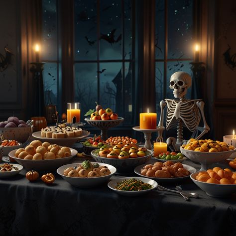 A buffet table overflowing with spooky-themed food and drinks, 8k, photorealistic Halloween Food Table Display, Halloween Buffet Decor, Halloween Buffet Food, Event Food Display, Halloween Buffet Table, Buffet Halloween, Food Display Table, Halloween Buffet, Buffet Table Decor