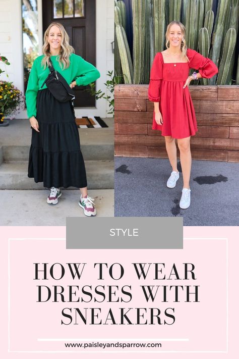 How to Wear Sneakers With a Dress - 13 Outfit Ideas - Paisley & Sparrow Dress Tights And Sneakers Outfit, Sneakers Dress Outfit Classy, Dress With Black Sneakers, Dress With Shoes Outfit, Tennis Shoes With Dresses Casual, Dresses With Adidas Sneakers, Floral Dress With Sneakers, Sun Dress With Sneakers, Fall Dress With Sneakers