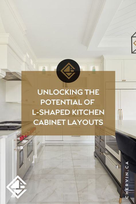 A white and black l-shaped kitchen with text overtop in a gold box that reads 'Unlocking the Potential of L-Shaped Kitchen Cabinet Layouts'. L Shaped Kitchen Cabinets Layout, Kitchen Cabinet Layouts, L Shaped Kitchen Cabinets, L Shape Kitchen Layout, Kitchen Cabinet Layout, Tips Design, Kitchen Layouts, Kitchen Layout Plans, L Shaped Kitchen