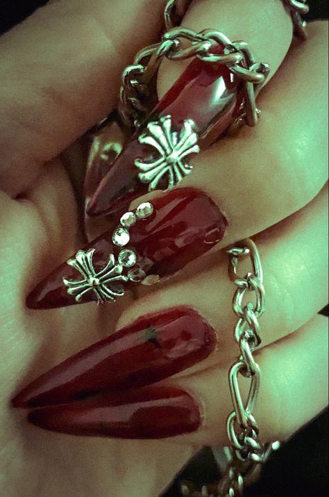 Almond With Pearls, White Crome Nails Almond, Crome Nails Almond, Gothic Nail Designs, Chrome Hearts Fashion, Burgundy Acrylic Nails, Red Chrome Nails, Red Stiletto Nails, Deep Red Nails