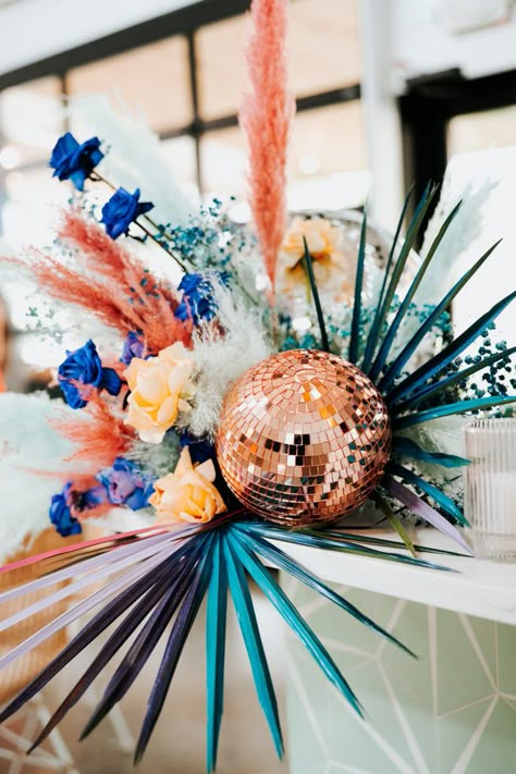 Disco Cowgirl Flower Arrangements, Disco Cowgirl Wedding, Desert Disco Party, Disco Thanksgiving, Disco Boho Wedding, Tropical Disco Wedding, Disco Ball Centerpiece, Disco Wedding Theme, Boho Disco Wedding