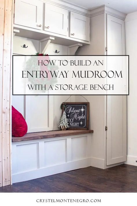 Learn step by step how I built my DIY custom entryway mudroom with a storage bench and coat closet! Build An Entryway, Closed Shelving, Custom Mudroom, Small Mudroom Ideas, Mudroom Closet, Mudroom Storage Bench, Entry Closet, Mud Room Entry, Diy Storage Bench