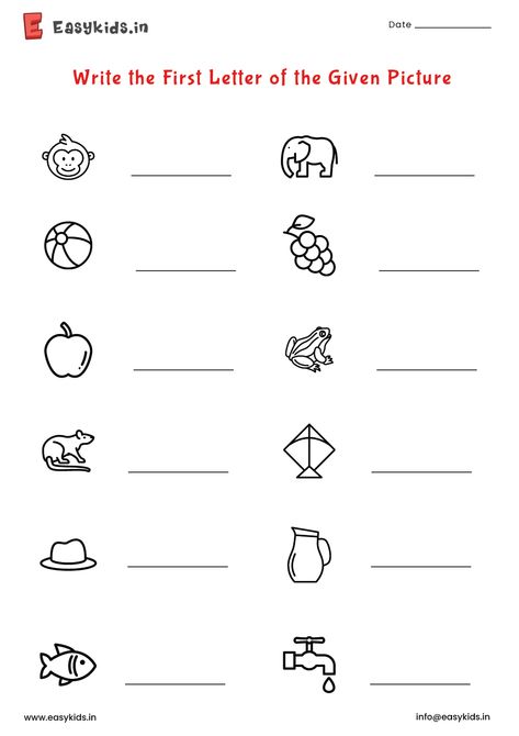 Worksheet Of English For Nursery, English Worksheets For Sr Kg, Class Ukg English Worksheets, First Letter Of The Picture Worksheet, See The Picture And Write First Letter, Worksheet For Nursery Class English, Ukg Class English Worksheet, English Nursery Worksheets, Small Alphabets Worksheets