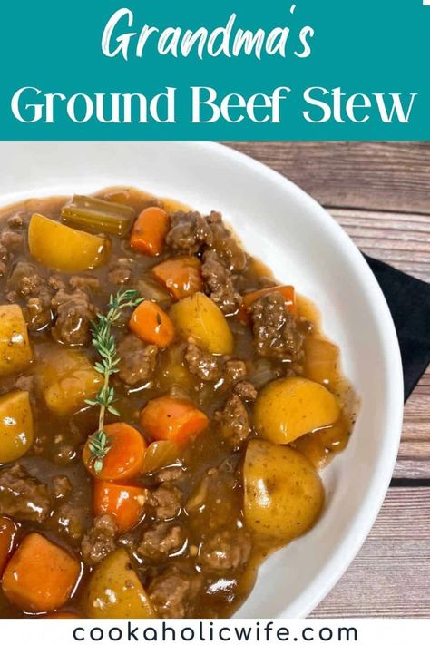 Grandma's Ground Beef Stew is an old-fashioned stew recipe where ground beef replaces stew meat, making it a more affordable option. This family recipe features carrots, potatoes, onions and celery in a hearty stew for the ultimate comfort food meal on a chilly night. #groundbeefstew #grandmasrecipes #beefstew #hamburgerstew #poormanstew #groundbeefrecipes Ultimate Beef Stew, Ground Beef Stew Recipes, Ground Beef Stew, Poor Mans Stew, Ground Beef Stews, Beef And Potato Stew, Gourmet Soup, Hamburger Stew, Hearty Stew