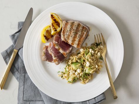 Greek Tuna Steaks Mediterranean Recipes Healthy, How To Cook Orzo, Greek Seasoning, Tuna Steaks, Orzo Salad, Healthy Slow Cooker, Dinner Plan, Smart Cooking, Orzo