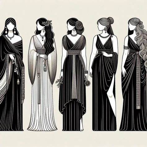 Draped dresses designs with vintage jewelery detail. Greek Drape Dress, Black Greek Goddess Dress, Greek Robes Female, Goddess Dress Pattern, Greek Goddess Diy Costume, Greek Dress Goddesses, Greek Goddess Costume Diy, Goddess Costume Diy, Greek Mythology Dress