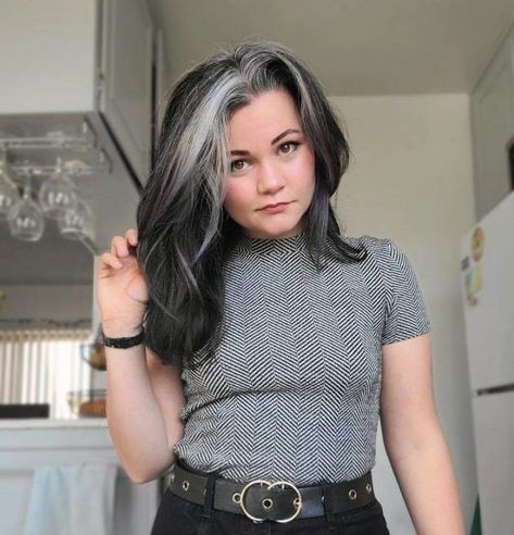 Dark Hair With Gray Streak, Silver Streaks In Dark Hair, Grey Transition Hair Highlights, Grey Hair Streak, White Streak In Hair, Grey Hair Colour, Short Gray Hairstyles, Gray Hairstyles For Women, Ash Grey Hair