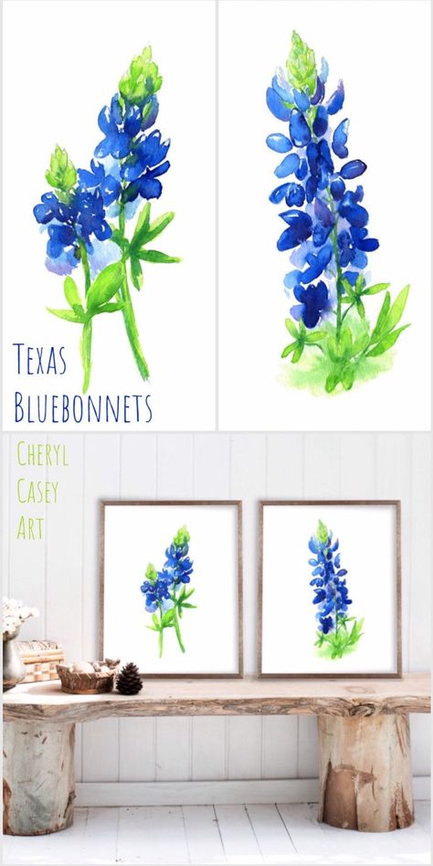 Bluebonnet Art Print Set of 2 from Watercolor Bluebonnet | Etsy Horticulture Crafts, Bluebonnet Decor, Watercolor Bluebonnets, Bluebonnet Photos, Bluebonnet Art, Bluebonnet Painting, Texas Tattoo, Rodeo Art, Watercolor Party