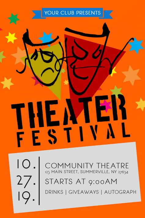 Theater festival poster flyer social media design template. Theater Graphic Design, Theater Poster Design, Mini Theater, Teen Posters, Theater Poster, Play Poster, Kids Theater, Community Theater, Event Poster Design