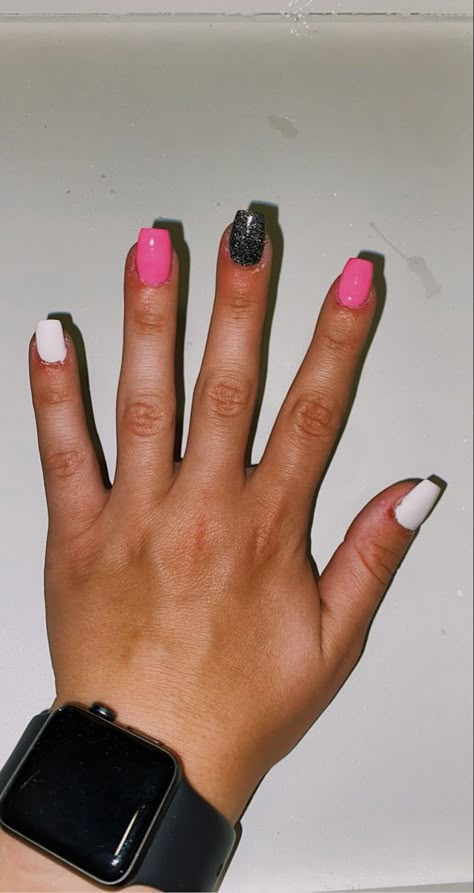 Black Nails Accent Nail, Black Pink And White Nail Designs, Short Pink And Black Acrylic Nails, Black White Hot Pink Nails, Formal Dance Nail Ideas, Black Nails With Checkered Accent Nail, Back And Pink Nails, Simple Punchy Western Nails, Hot Pink Black And Silver Nails