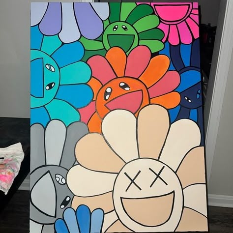 Canvas Roblox Canvas Painting, Takashi Flower Painting, Comme Des Garcons Painting Canvas, Flower Canvas Drawing, Takashi Murakami Flower Painting Canvas, Kaws Sketch Flower, Murakami Flower Painting Canvas, Klaws Painting Canvas, Cartoon Flower Painting