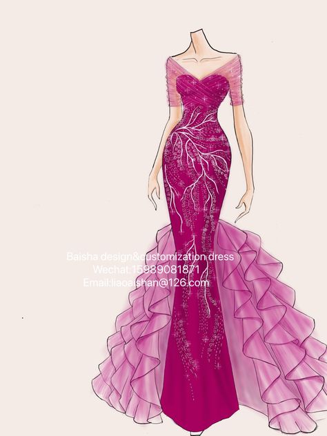 Hourglass Silhouette Dress Illustration, Evening Dress Drawing, Gradation Design Dress Illustration, Party Dress Drawing, Party Dress Illustration, Onam Outfits, Wedding Cheongsam, Fashion Show Themes, Evening Dress Wedding