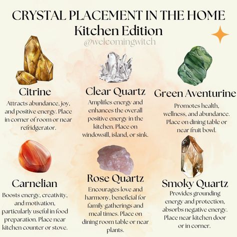 Crystal Placement in the home: Kitchen Edition . . . . . . . . . #wiccansofinstagram #witchlife #witchesofinstagram #witch #witchcraft #wicca #wiccan #pagan #spiritual #spiritualawakening #Spirituality #witchessociety #witchytips #magic #babywitch #beginnerwitch #witchy #witchesoftiktok #witchtok #crystals #crystalmagic #crystalplacement Witch Resources, Crystal Placement, Goddess Magic, Crystal Tips, Crystal Witch, Energy Cleansing, Witch Spirituality, Earth Gift, Moon Calendar