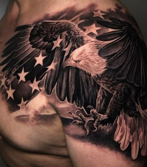 Eagle Tattoo Sleeve Men, Mens Quad Tattoo Ideas, Eagle With Dog Tags Tattoo, Flag Chest Tattoo Men, Eagle American Flag Tattoo, Eagle Flag Tattoo, American Chest Tattoo, American Flag Chest Tattoo, Patriotic Chest Tattoo Men