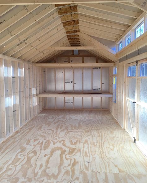 Loving the natural light that's pouring into this building! The techshield liner keeps your shed cooler and looks super clean! She’s Storage Ideas, Organizing A Storage Shed, Storage Shed Shelving Ideas, She’d Organization Ideas, Organizing Shed Ideas, She Shed Organization Ideas Diy, She’d Storage Ideas, Shed Workshop Layout, Outdoor Storage Shed Ideas Backyards