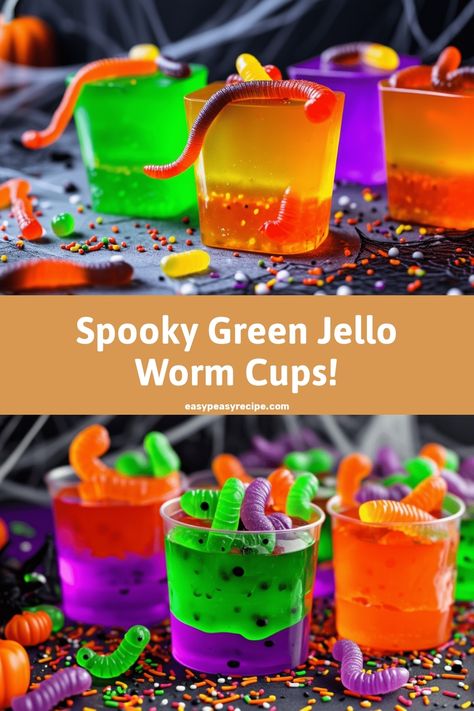 Colorful Jello cups filled with gummy worms and Halloween-themed sprinkles on a spooky background. Jello Worms, Quick Sweets, Green Jello, Jello Cups, Easy Zucchini Recipes, Candy Eyeballs, Pot Recipes Healthy, Easy Peasy Recipes, Homemade Birthday Cakes