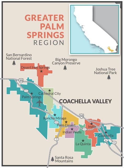 Palm Springs Map, Old Hollywood Theme, Lakeside Camping, Desert Vacation, Purple Mountains, Palm Springs Home, Parker Palm Springs, Retro Map, California Desert