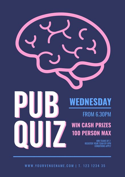 Pub Quiz Poster, Quiz Poster Design, Trivia Design, Quiz Poster, Trivia Poster, Fundraiser Poster, Brain Graphic, Poster 2023, Pricing Templates