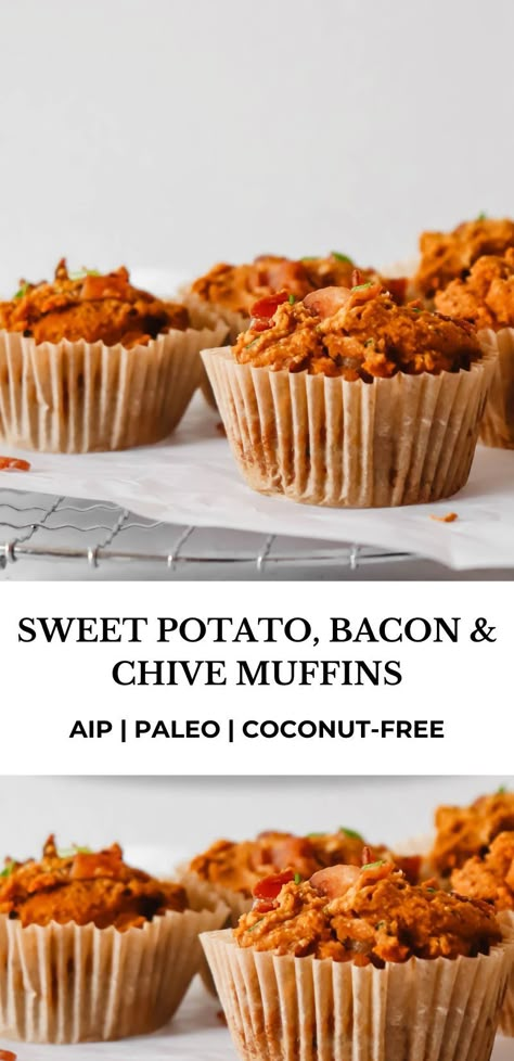 These Savory Sweet Potato, Bacon and Chive Muffins are the ultimate comfort food. They’re perfect as a quick breakfast, or with a hearty soup for lunch/dinner and are AIP, paleo and coconut-free! #sweetpotato #muffins #bacon #chive #savorymuffins #aip #paleo #coconutfree #breakfast #dairyfree #aiprecipes #paleorecipes #savorymuffiins #sweetpotatomuffins Aip Breakfast Muffins, Aip Camping Food, Paleo Quick Breakfast, Aip Comfort Food, Aip Lunch Ideas, Autoimmune Paleo Breakfast, Aip Recipes Breakfast, Aip Muffins, Aip Breakfast Recipes