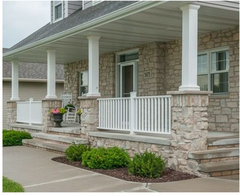 Front Porch Stone, Front Porch Columns, Porch Entrance, Real Stone Veneer, Stone Porches, Brick Columns, House Front Porch, Porch Remodel, Porch Columns