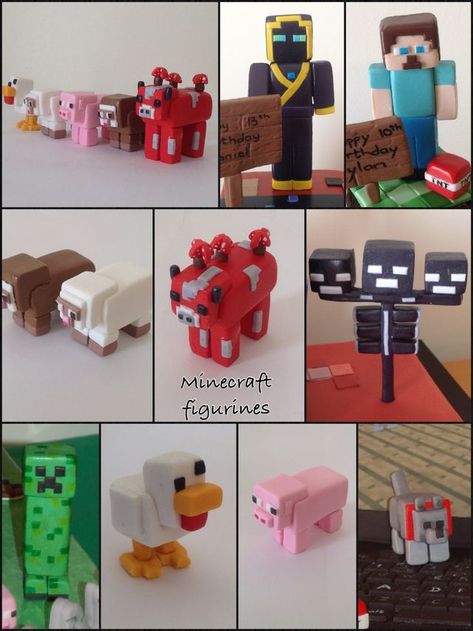 Minecraft Cake Figures, Minecraft Fondant Figures, Minecraft Clay Charms, Minecraft Fondant, Clay Charm Ideas, Minecraft Figures, Minecraft Cakes, Fondant Figurines, Minecraft Food