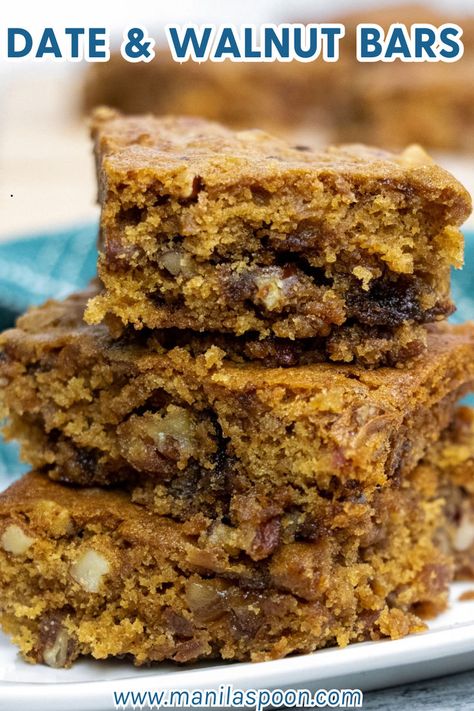 Date and Walnut Bars Walnut Bars Recipes, Walnut Recipes Dessert Easy, Date Walnut Cookies, Date Walnut Bars Recipe, Date Nut Bars Recipe, Date Walnut Bread, Maple Walnut Nanaimo Bars Food Network, Walnut Recipes Dessert, Date Nut Bars