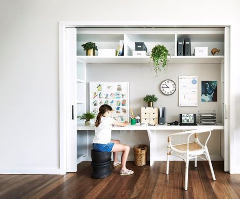 Study Cupboard, Built In Study, Hidden Study, Desk Cupboard, Office Nooks, Command Station, Concertina Doors, Hidden Desk, Oak Floorboards