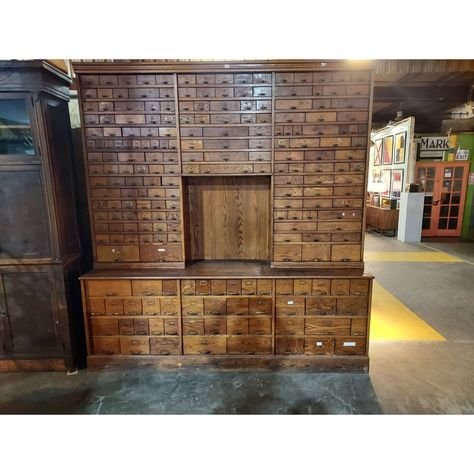 1890,s oak cabinet with 221 zinc lined drawers from j l long hardware store in pine grove pa two sections  97h x 94w x 25 1/4d  we try to make purchasing these fabulous items as easy as possible . if you like what you see  then you should then like the item in person ! but please remember you are buying items that in most cases are 100 to 250 yrs old . we have a great team of woodworkers , welders, painters and upholstery people who do an incredible job having all our listed items ready for ever Woman Woodworker, Large Storage Cabinets, Oak Cabinet, Lined Drawers, Oak Cabinets, Fitted Furniture, Workshop Storage, Hardware Store, Furniture Styles