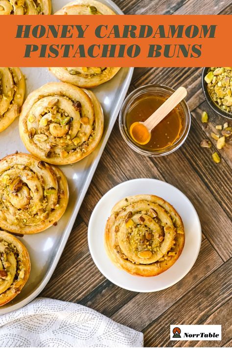 Honey Cardamom Pistachio Buns are filled with brown sugar and crushed pistachios and topped with cinnamon honey syrup. Pistachio Buns, Crushed Pistachios, Raw Pistachios, Cardamom Buns, Cinnamon Honey, Breads & Buns, Honey Buns, Honey Syrup, Sticky Buns