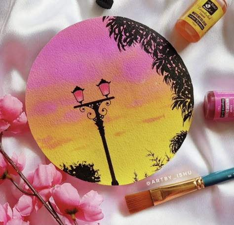 Circle Canvas Painting Aesthetic, Circle Canvas Painting Easy Diy, Painting On Circle Canvas, Circular Canvas Painting, Mini Tela, Mini Toile, Design Art Nouveau, Beginners Painting, Circle Canvas