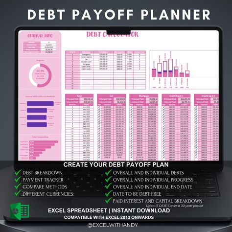 Start the journey to become debt free! With this tracker you can keep all your debts in check and not only that, you will also be able to create a strategy and get rid off them once and for all! The tracker is made to be simple to use, yet visually appealing while it gives you all the information you need to choose the perfect plan for you. What you will get: FILES -Excel Debt Calculator in the color displayed. -PDF Quick guide on Debt Payment Methods with pros and cons of each one. FEATURES -Track up to 15 debts for over 30 years. -6 Currencies to choose from. -Easy track of your monthly payments. -Payment Schedule, choosing from different methods and comparing them against just paying the minimum. Methods: Snowball - You'll see progress faster. Avalanche - You'll pay less interest. Custo Debt Snowball Calculator, Debt Payoff Tracker, Debt Avalanche, Payment Schedule, Debt Tracker, Monthly Payments, Debt Snowball, Be Simple, Quick Guide