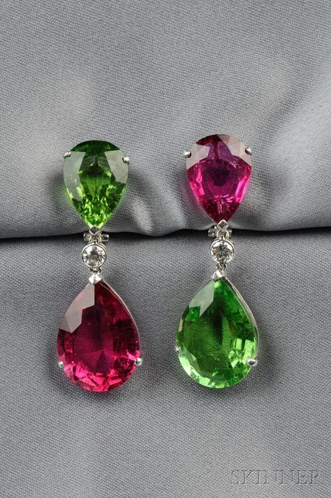 Pink and Green Tourmaline Earpendants Pink And Green Earrings, Pink Tourmaline Earrings, Pink And, Tourmaline Earrings, Tourmaline Jewelry, Handmade Jewelry Designs, Silver Jewelry Fashion, Antique Necklace, Cheap Jewelry