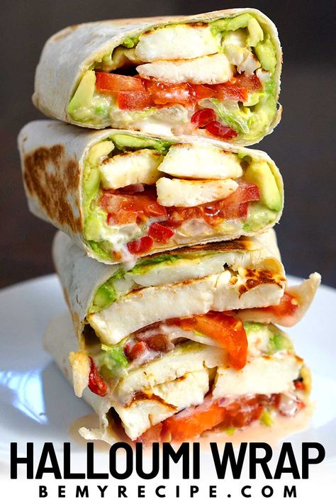 Halloumi Wraps with Avocado, Roasted Peppers, Tomatoes, and More Haloumi Wrap Recipes, Halloumi Wraps Recipes, Healthy Halloumi Recipes, Halloumi Meals, Easy Veggie Lunch, Salad Wrap Recipes, Avocado Lunch Ideas, Food With Avocado, Halloumi Wrap