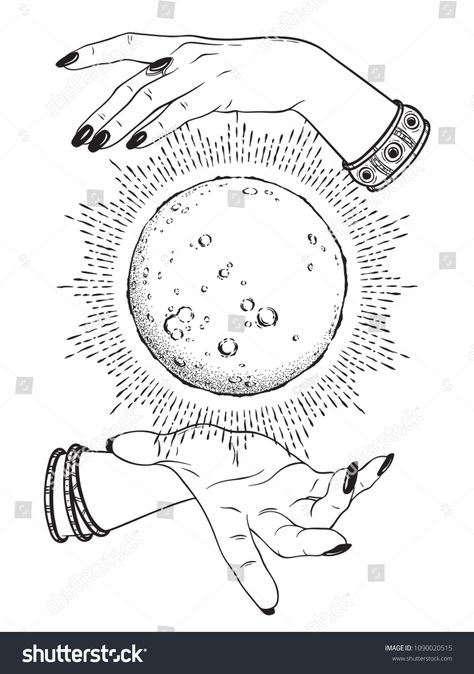 Hand drawn full moon with rays of light in hands of fortune teller line art and dot work. Boho chic tattoo, poster or altar veil print design vector illustrationfortune#hands#teller#art خريطة ذهنية, Tattoo Moon, Chic Tattoo, Light Tattoo, Rays Of Light, Initial Tattoo, Hand Drawn Vector Illustrations, Fortune Teller, Hand Drawn Vector