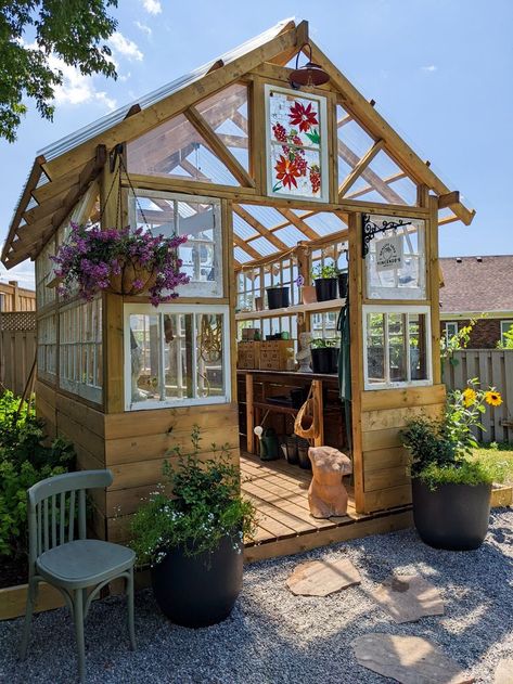 Learn how I built a greenhouse using reclaimed windows! This space is filled with DIY and custom ideas you'll love, including a bathtub! Green House Decor, Reclaimed Decor, Window Greenhouse, Diy Greenhouse Plans, Outdoor Greenhouse, Greenhouse Shed, Build A Greenhouse, Home Greenhouse, Backyard Greenhouse