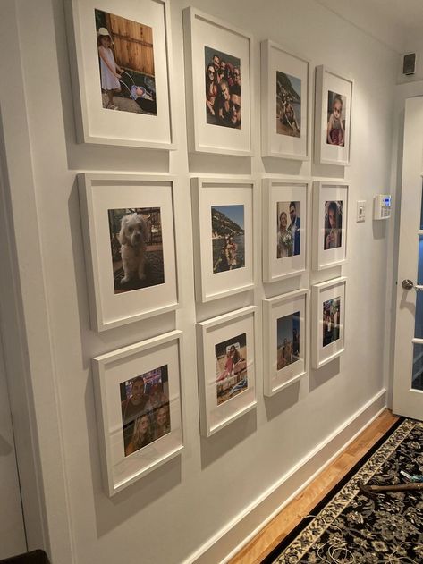 Corridor Picture Frames, Entryway Family Photos Entrance, Hallway Family Photo Gallery, Narrow Hallway Photo Wall Ideas, Mixtiles Hallway, Mix Tiles Photo Wall Ideas Hallway, Galary Wall Decor Hallway, Photo Wall Collage Hallway, Decor Narrow Hallway