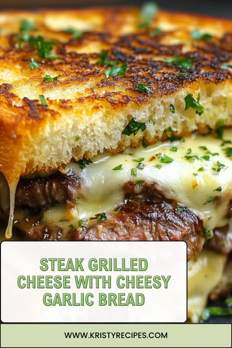 Upgrade your grilled cheese with steak and cheesy garlic bread! This mouthwatering sandwich combines rich flavors and crispy textures. A must-try for sandwich lovers. #SteakLovers #GrilledCheese #CheeseLovers #GarlicBread #SandwichPerfection #Foodie Grilled Steak And Cheese Sandwich, Grilled Cheese Steak Sandwich, Steak And Cheese Appetizer, Garlic Steak Sandwich, Parm Crusted Grilled Cheese, Philly Cheese Steak No Bread, Garlic Bread Steak Sandwich, Grilled Steak Sandwich Recipes, Dessert Grilled Cheese Recipes