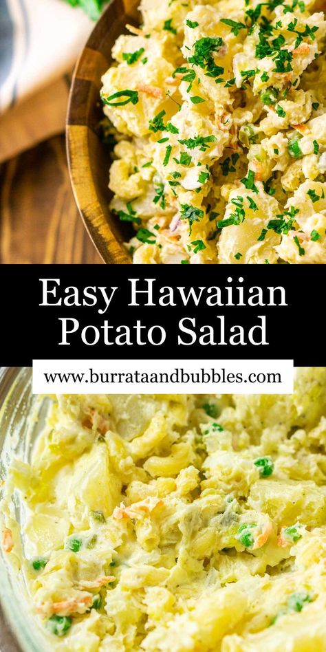 No backyard party is complete without this Hawaiian potato salad! Featuring tender chunks of potato and loads of macaroni, this ultra creamy potato salad is a classic island side dish that’s perfect with just about any summer meal. It’s great for serving a large crowd, and it’s as simple as can be. Hawaiian Potato Salad Recipe, Hawaiian Potato Salad, Hawaiian Side Dishes, Hawaiian Salad, Hawaiian Macaroni Salad, Party Side Dishes, Hawaiian Dishes, Mac Salad, Easy Potato Salad