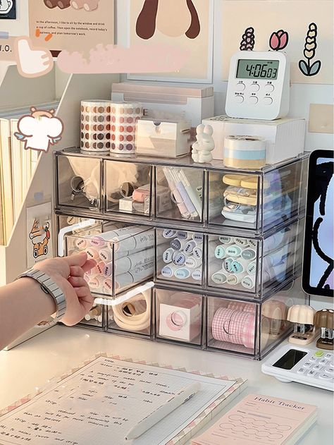 1pc 4-compartment Clear Acrylic Desktop Stationery Storage Box Desk Organisation, Stationery Obsession, Study Desk Decor, Cute Stationary School Supplies, Aesthetic Room Ideas, Study Stationery, Room Redesign, Study Room Decor, Cute Desk