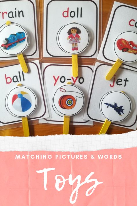 Here's a pretend 'lollipop' matching game to engage kids in learning vocabulary words for toys. Vocabulary For Preschoolers, Toys Esl Activities, Toys Vocabulary For Kids, Esl Activities For Kids, Toys Activities For Kids, Toys For Kindergarten, Vocabulary Development Activities, Vocabulary Words Activities, Activies For Kids