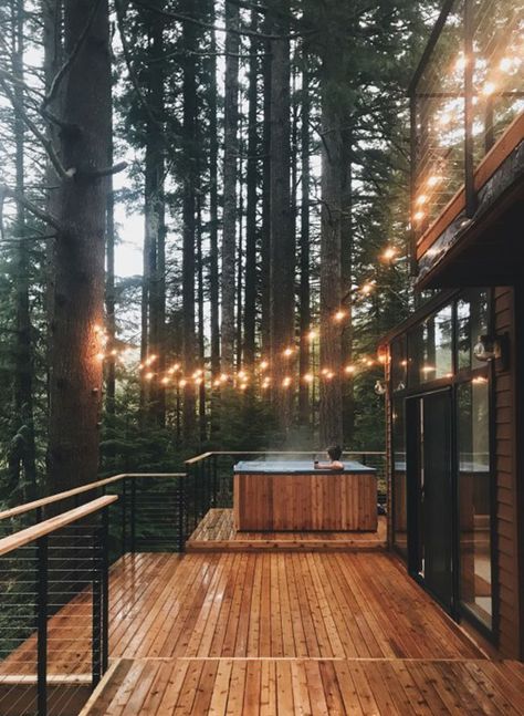 Open deck and hot tub with twinkly lights = perfect! Outdoor Decks, Girls Weekend Getaway, Woodland House, Cozy Cottages, Cozy Cabins, Getaway Cabins, Cabin In The Woods, The Woodlands, Log Cabins