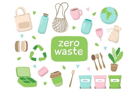 Zero waste illustration set by BiscottoDesign on @creativemarket Waste Illustration, Waste Art, Systems Art, Zero Waste Lifestyle, Use Of Plastic, Plastic Glass, Sustainable Lifestyle, Photoshop Design, Reusable Bags