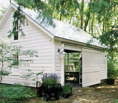 Sliding doors Barns Sheds, Patio Interior, Potting Shed, White Barn, Carriage House, Garden Shed, My New Room, House Inspiration, In The Woods