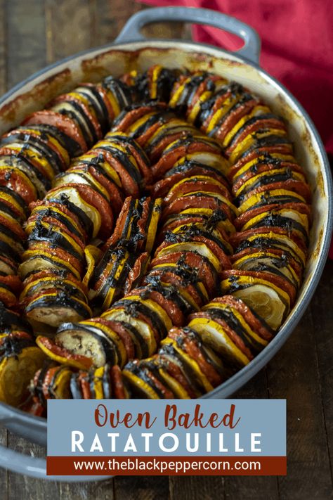 Oven Baked Ratatouille -  classic French Tian side dish. Made with tomatoes, eggplant, green and yellow zucchini, this is a hearty fall meal. #ratatouille #sidedishe #veggies #recipes #recipeoftheday #recipeideas #delicious #deliciousrecipe Baked Ratatouille Recipe, Baked Ratatouille, Hearty Fall Meal, Carb Sides, Yellow Zucchini, Fall Meal, Ratatouille Recipe, Keto Side, Supper Ideas