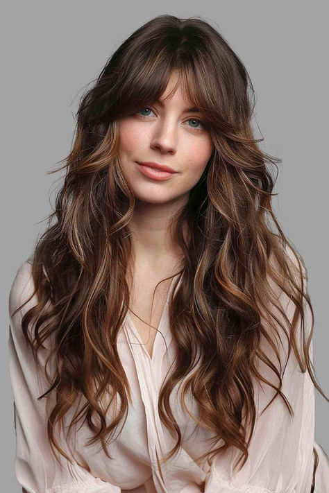 Woman with long wavy hair, featuring layers and curtain bangs. Lots Of Layers Long Hair Curtain Bangs, Layered Wavy Haircuts With Bangs, Curtain Bangs With Lots Of Layers, Long Hairstyles Wavy Hair, Long Shag Cut Curtain Bangs, Long Wavy Hair With Bangs Round Face, Messy Layers Long Hair, Layered Hair Long Curtain Bangs, Bangs With Thick Hair