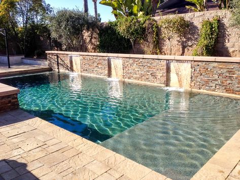 Formal Pool with Baja Shelf and Custom Waterfall | Pools and Spas Baja Shelf Pool, Pool With Baja Shelf, Baja Shelf, Pool Makeover, Arizona Backyard, Pools Backyard Inground, Bluestone Patio, Backyard Pavilion, Backyard Remodel