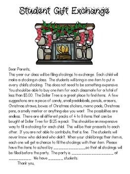 Christmas class party note. This is a great idea for a gift exchange that the students will like and it the best part is that it is inexpensive. Each student brings in a small party favor type gift for every student in the class. Your class can color a stocking and glue it to a paper bag or you c... Classroom Stockings Student, Christmas Stocking Gift Exchange, Classroom Gift Exchange Ideas Student, Classroom Gift Exchange Ideas, St Nick Gifts For Kids, Christmas Gift From Teacher To Students, Student Gifts For Parents, Stocking Gift Exchange, Christmas Classroom Gifts