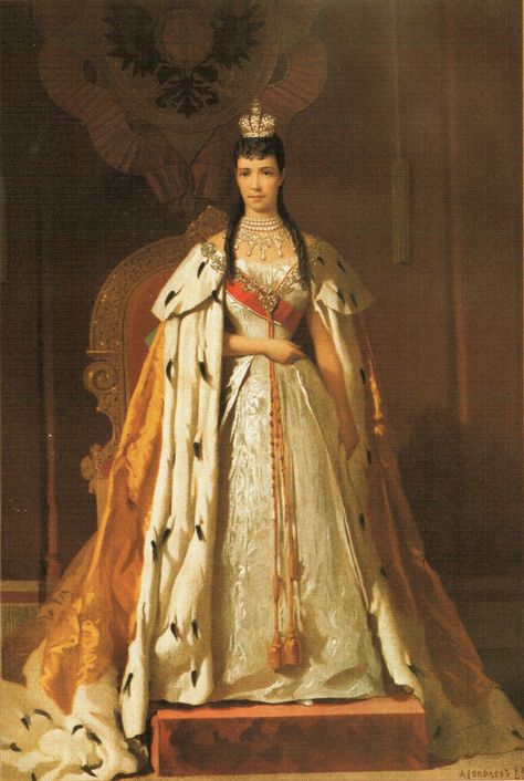 A colorization or painting of Empress Maria Feodorovna dressed for her coronation in 1883. Empress Maria Feodorovna, Tsarskoe Selo, Coronation Dress, Maria Feodorovna, House Of Romanov, Alexandra Feodorovna, Queen Alexandra, Romanov Dynasty, Peter The Great